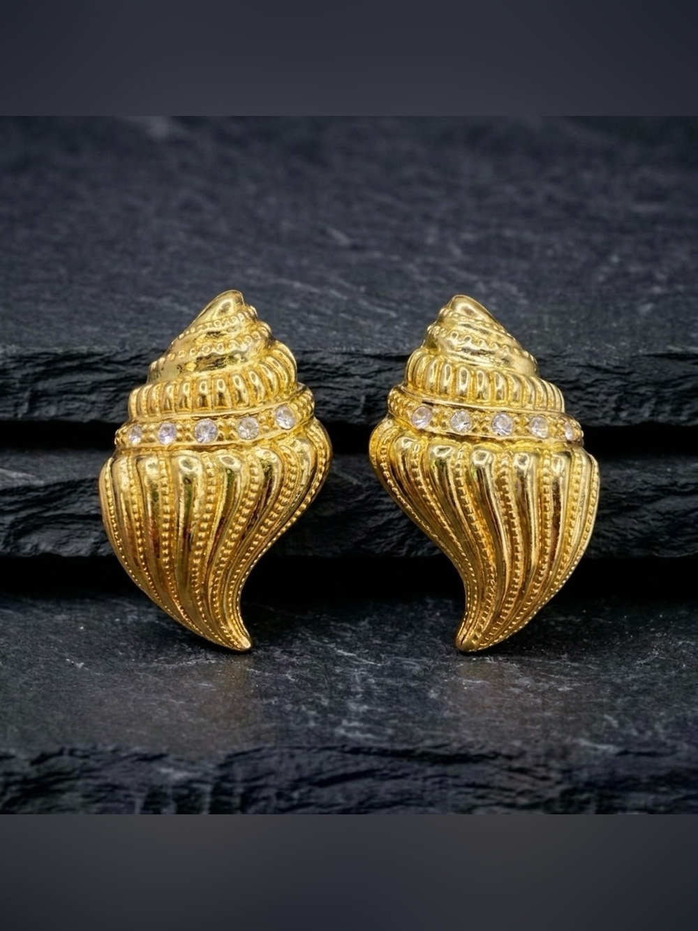 Vintage 90s KJL Kenneth Jay Lane Avon Conch Shell Gold Tone Pierced Earrings